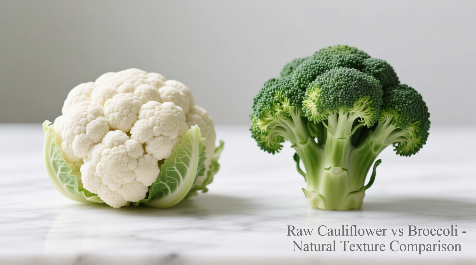 Side-by-side comparison of raw cauliflower and broccoli florets