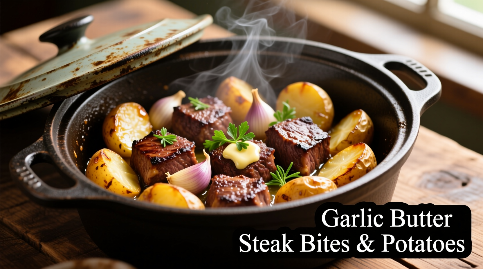 Garlic butter steak bites and potatoes in crockpot
