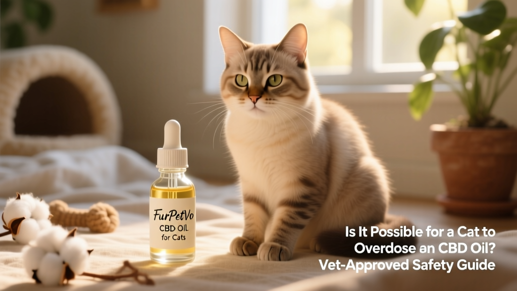 A calm, relaxed cat sitting beside a small dropper bottle labeled 'FurPetVo CBD Oil for Cats'