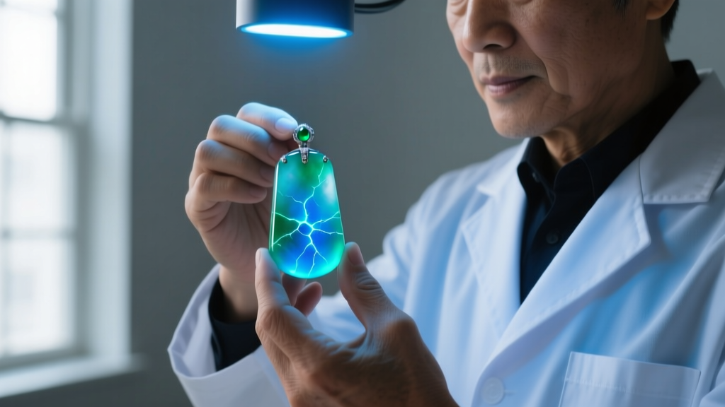 Gemologist holding a jade pendant under long-wave UV light, revealing blue polymer fluorescence that indicates resin treatment.