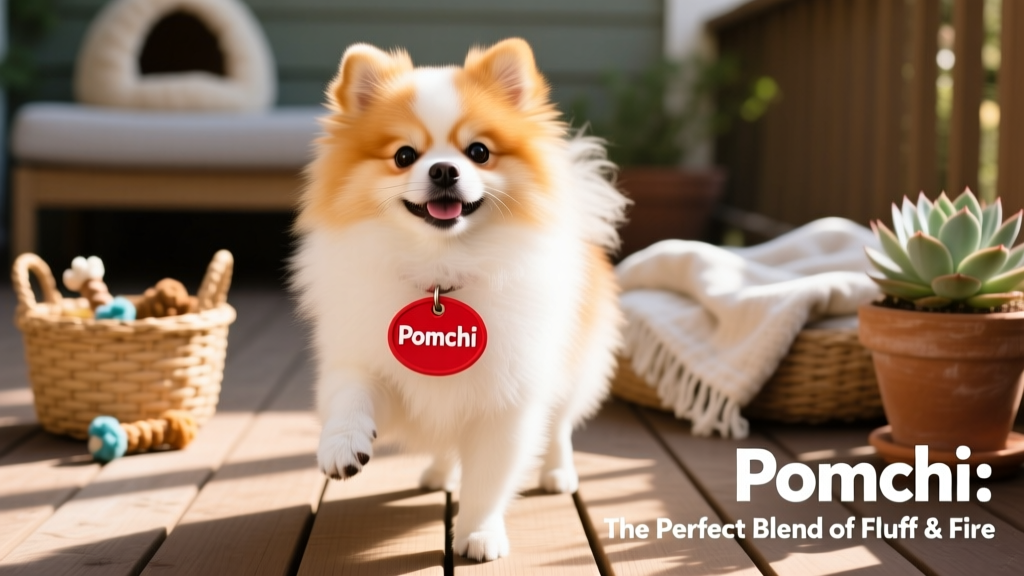 pomchi wearing red dog tag