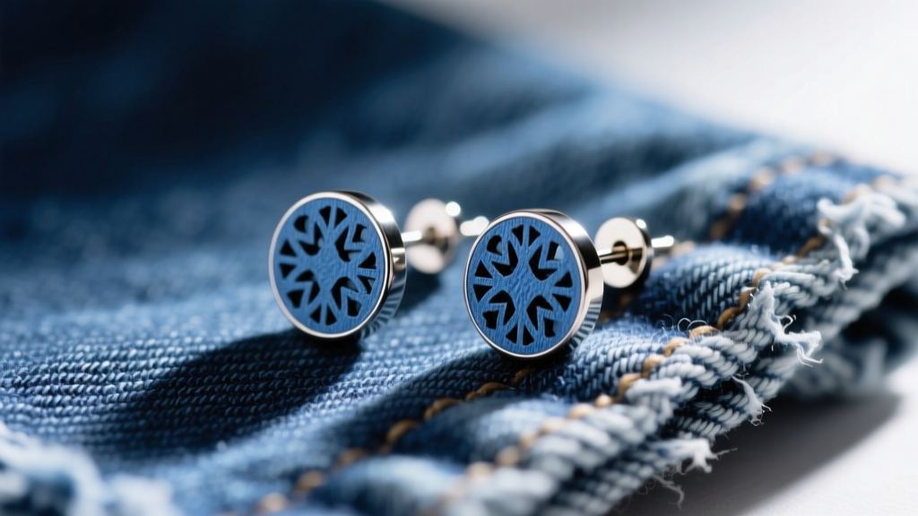 Macro shot of laser-cut upcycled blue denim stud earrings with titanium posts resting on raw selvedge fabric in natural light.