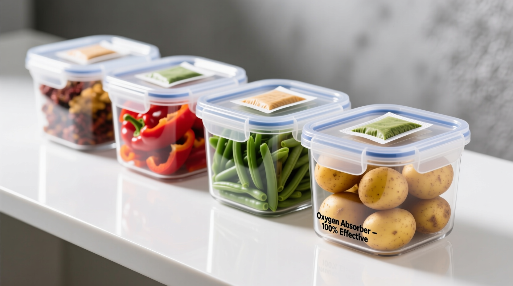 Freeze-dried food storage containers with oxygen absorbers