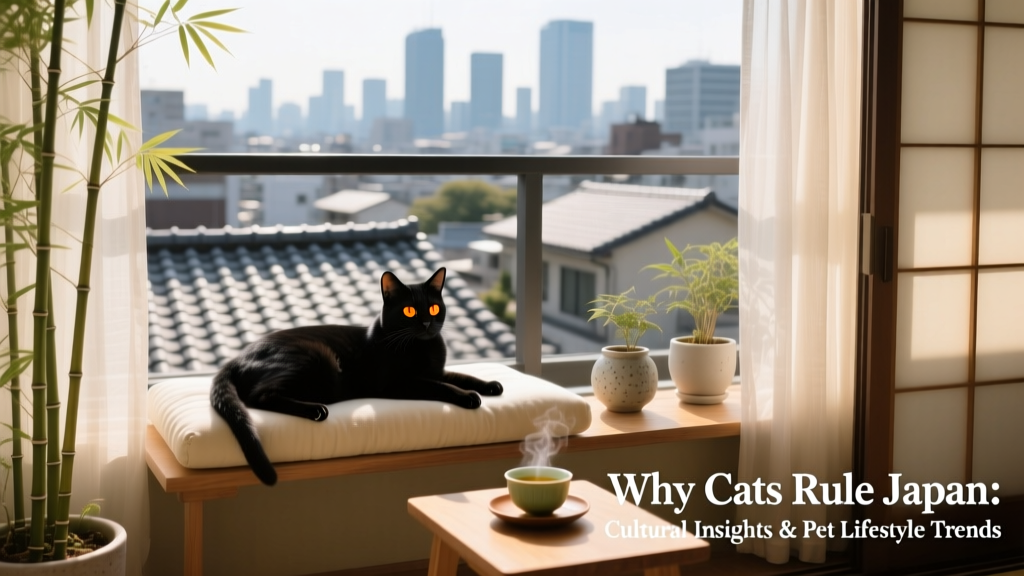A tidy Tokyo apartment balcony with a cat lounging on a cushioned perch overlooking city rooftops