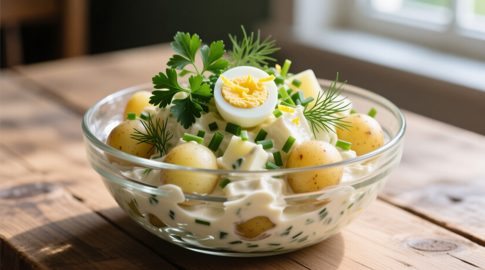 Creamy egg potato salad in a glass bowl with fresh herbs