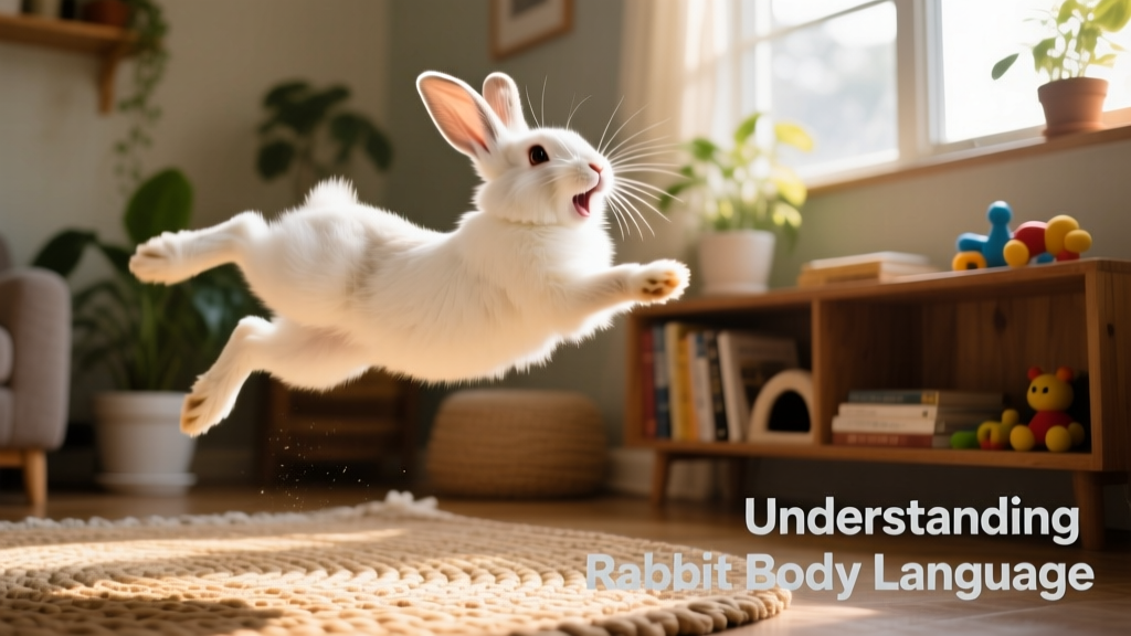 Rabbit mid-binky—leaping into the air with a joyful twist