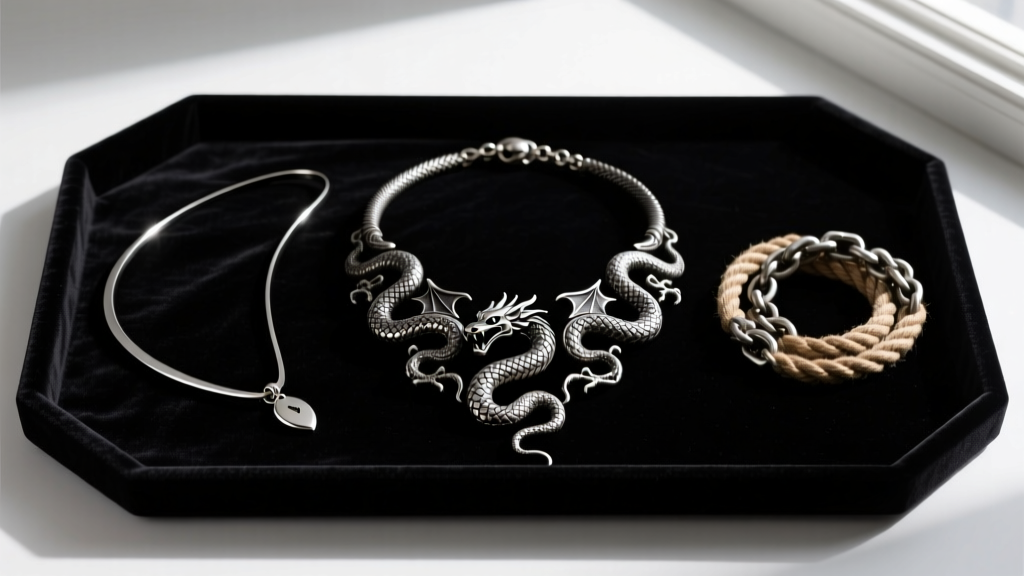 Flat lay of a layered setup featuring an evil wye necklace, a 16-inch choker, and a rope chain resting on a dark velvet jewelry tray