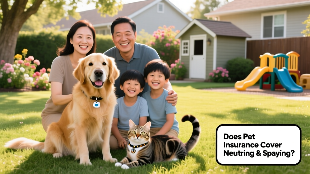 A family smiling beside their two happy, healthy pets—a dog and a cat—highlighting responsible pet ownership and preventive care