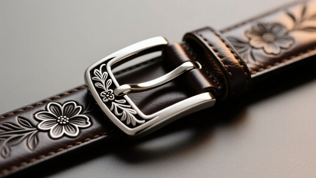 Silver belt buckle pendant on dark leather, displaying engraved floral motifs and a metal prong under warm studio lighting.