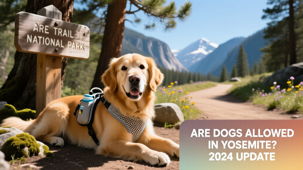 A happy dog resting in the shade beside a trailhead sign at Yosemite’s entrance, wearing a lightweight harness and carrying a small hydration pack