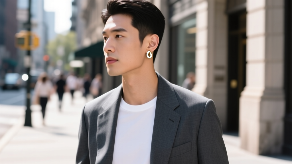 Street style shot of a man in a charcoal blazer and white tee, wearing a single 18mm white gold hoop earring in his left earlobe.
