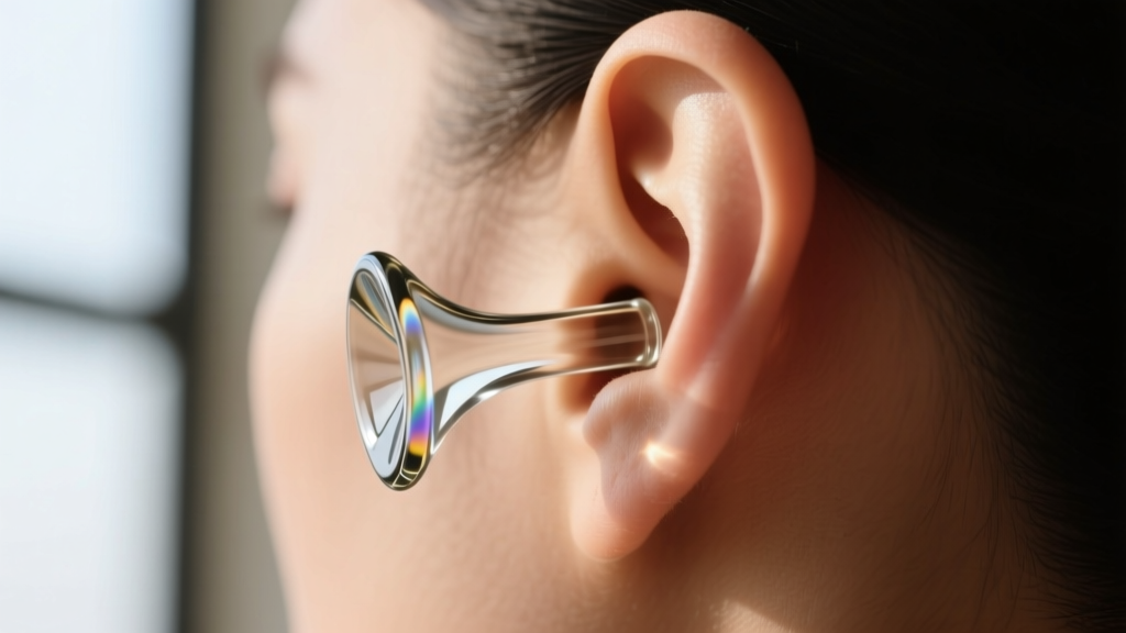 Side profile of a stretched earlobe fitted with a smooth, polished borosilicate glass plug featuring a single flared edge design.