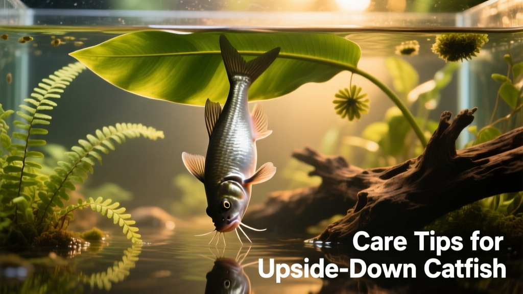 Naturalistic aquarium setup with upside-down catfish resting upside down under a broad Amazon sword leaf, surrounded by Java fern and driftwood