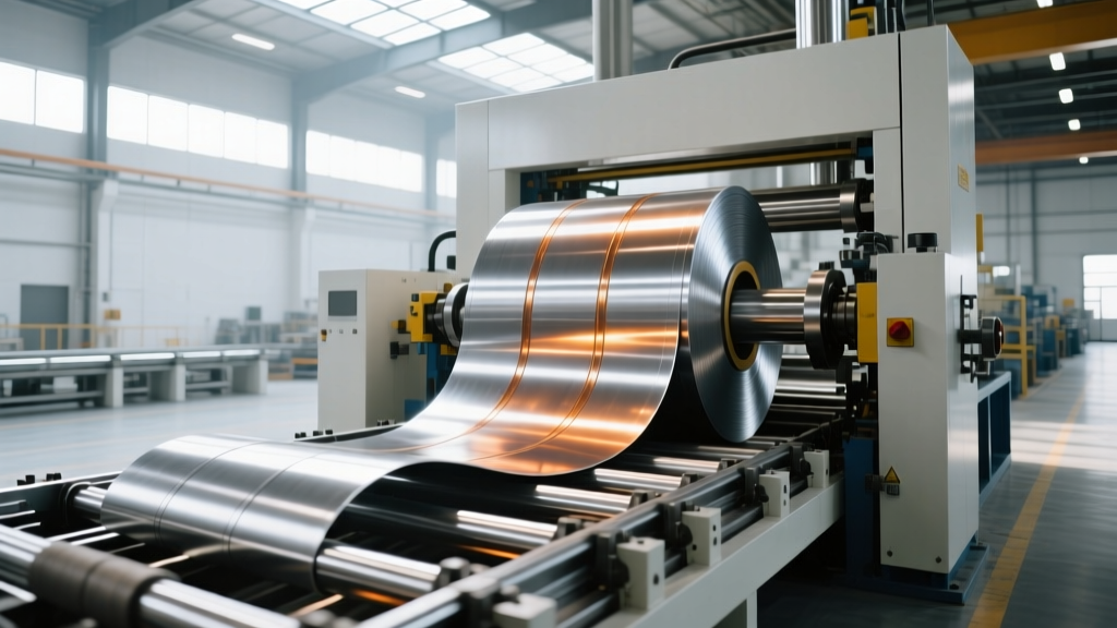 Industrial roll-forming steel framing machine extruding galvanized metal studs from a large coil decoiler in a modern manufacturing plant