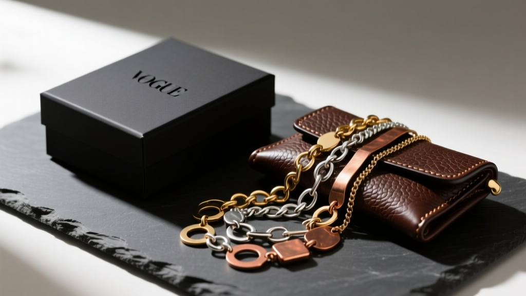 Flatlay gift presentation with a matte black box, leather pouch, and tangled stack of mixed-metal charm necklaces on dark slate