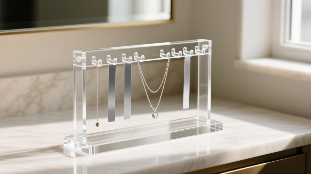 A budget-friendly acrylic necklace organizer on a vanity, featuring anti-tarnish strips tucked behind the clear hanging pegs