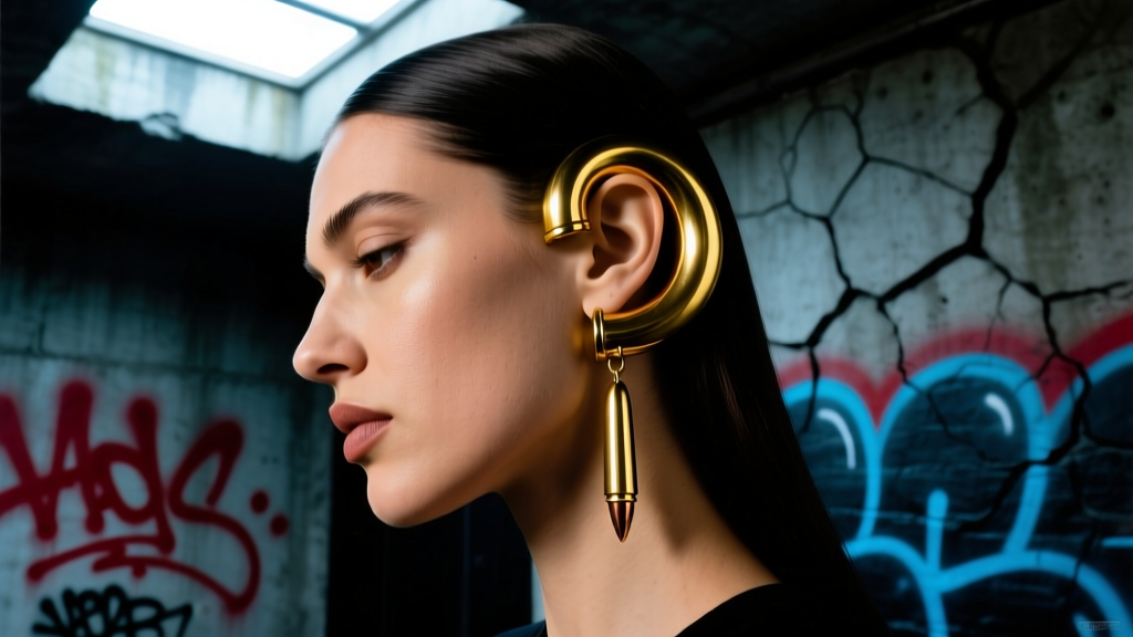 Side profile of a woman wearing a thick 12-gauge gold ear cuff and dangling bullet earring against a dark rock-and-roll background.