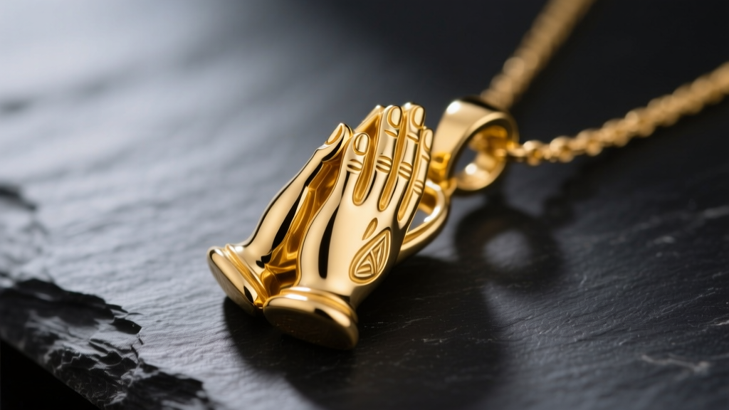 Close-up of a polished 14k yellow gold praying hands necklace pendant resting on dark slate with soft directional lighting.