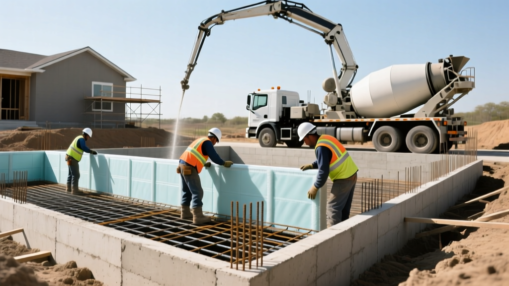 Crew installing insulated concrete forms on a residential foundation with rebar grids and a concrete pump truck nearby