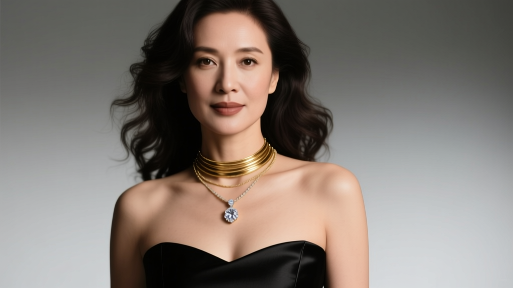 Woman wearing a layered gold choker and princess pendant necklace with a black strapless evening gown in soft studio lighting