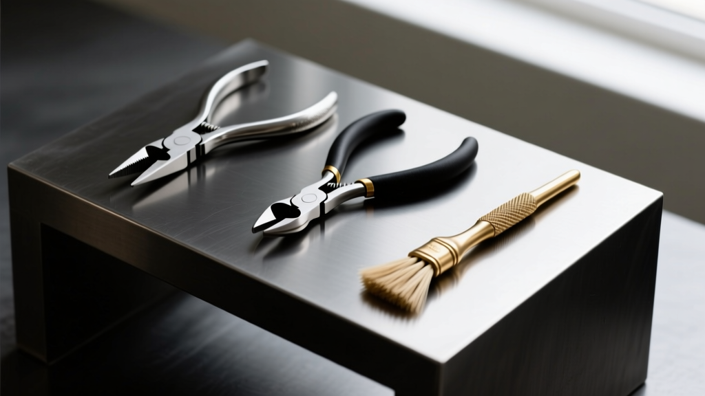 Flat lay of jewelry tools including flush cutters, round nose pliers, and a brass brush resting on a dark steel bench block.