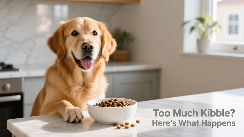 A happy, healthy medium-sized dog sitting beside a measured portion of kibble in a clean bowl