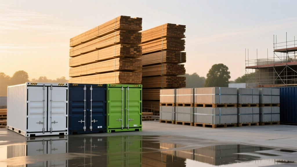 Construction staging area with weather-sealed lumber stacks, secured cement pallets, and modular locking storage containers at dawn