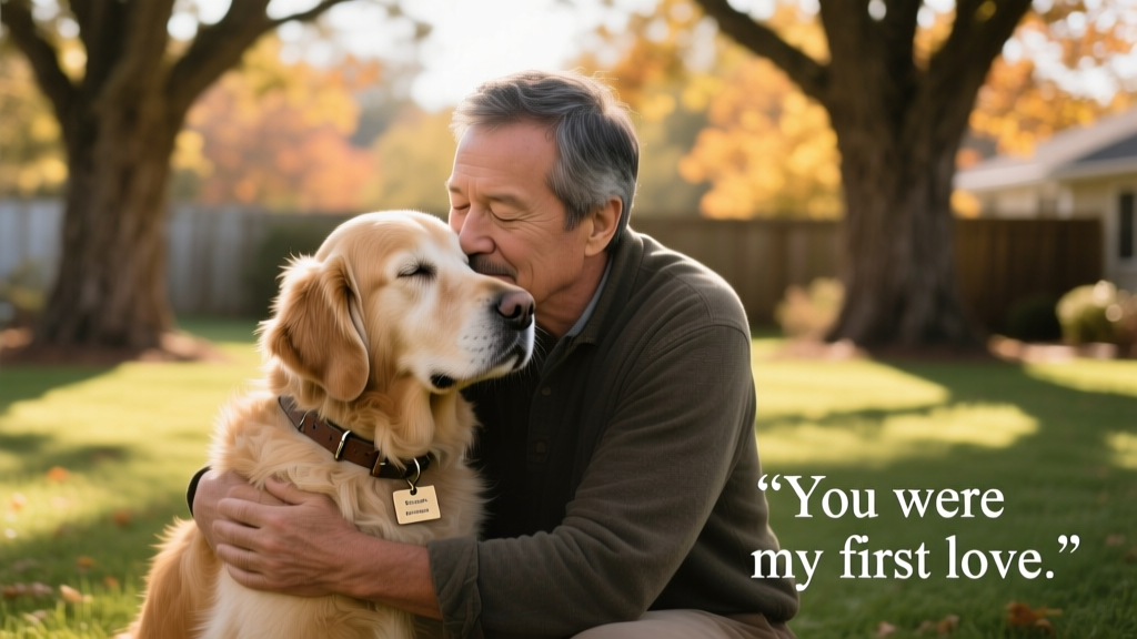 A man embracing his dog with quiet affection