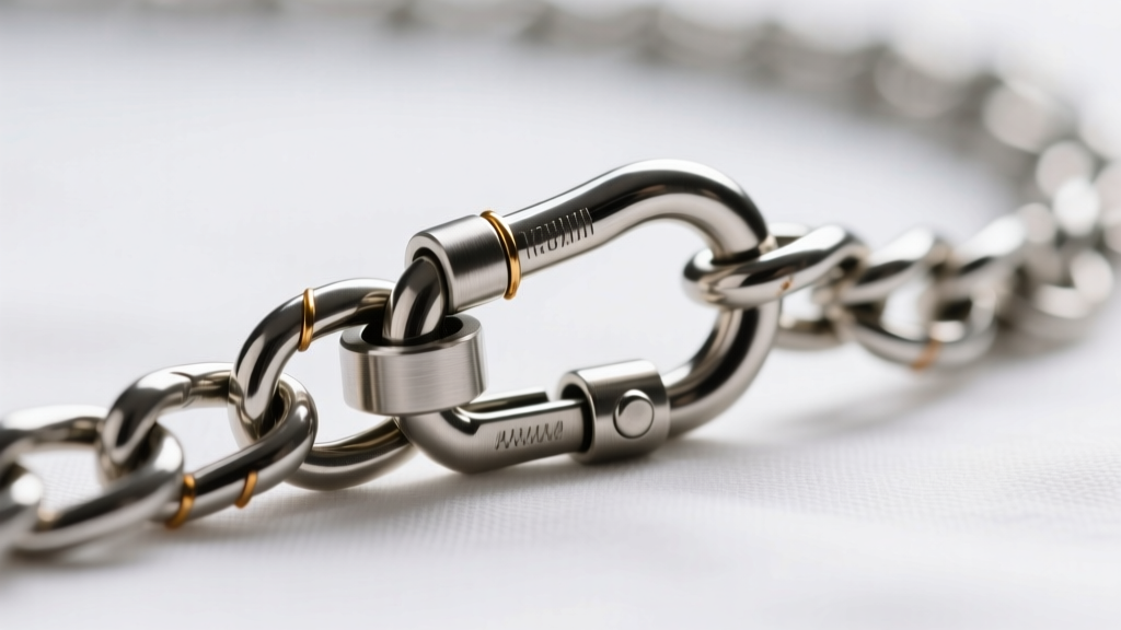 Detailed view of a heavy-duty lobster clasp and soldered jump ring on a 4mm Figaro chain, showing the secure metal connection