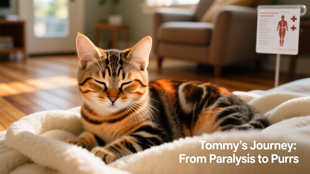 Close-up of Tommy, the tabby kitten, resting calmly on a soft blanket with gentle lighting