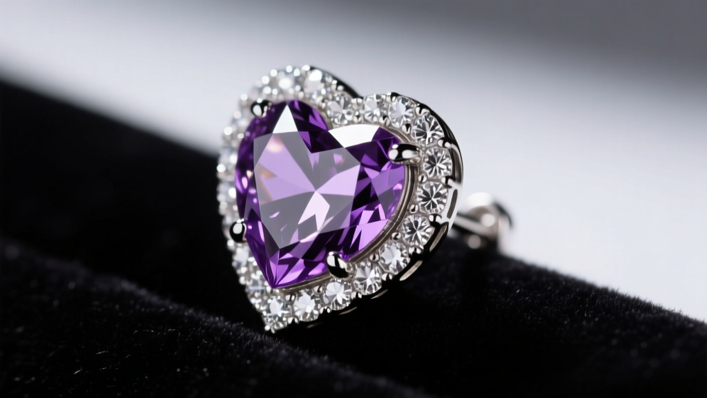 Close-up of prong-set crystal rhinestone heart earring on dark velvet, showing reflective foil backing under soft studio light