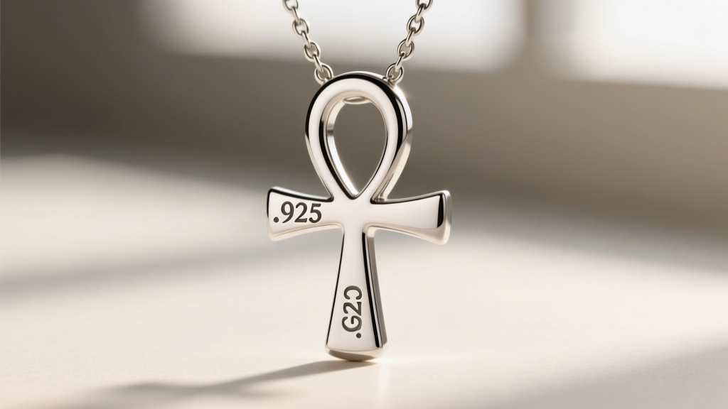 Close-up of a silver ankh necklace bail showing a laser-engraved .925 hallmark and maker mark against a softly blurred backdrop.