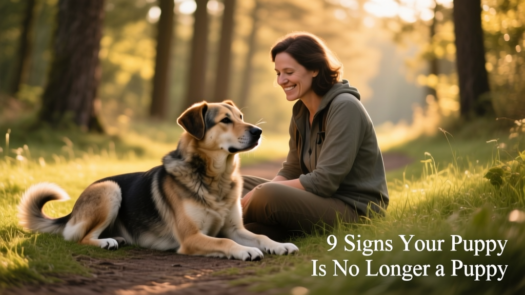 A relaxed adult dog sitting calmly beside its owner on a grassy trail, sniffing the breeze—showing quiet contentment rather than high-energy play