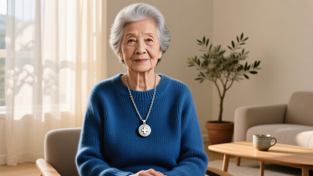 Elderly woman wearing a sleek silver medical alert emergency necklace pendant over a soft blue knit sweater in warm indoor lighting