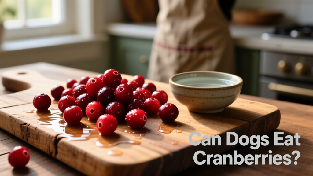 Fresh red cranberries scattered on a wooden cutting board beside a small bowl of water