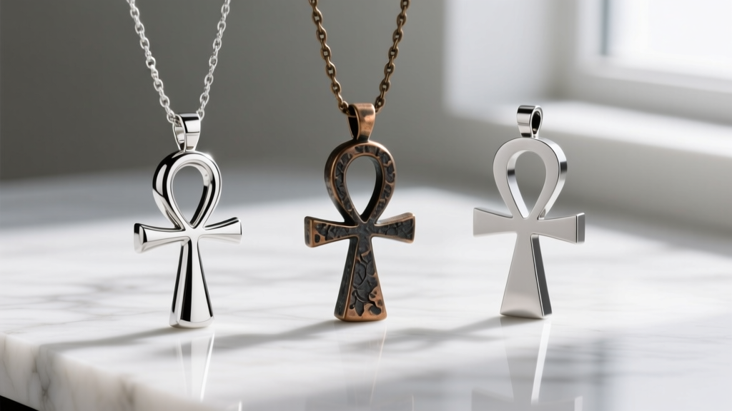 Three ankh pendants on marble: polished sterling silver, oxidized bronze, and a minimalist 316L surgical steel version.