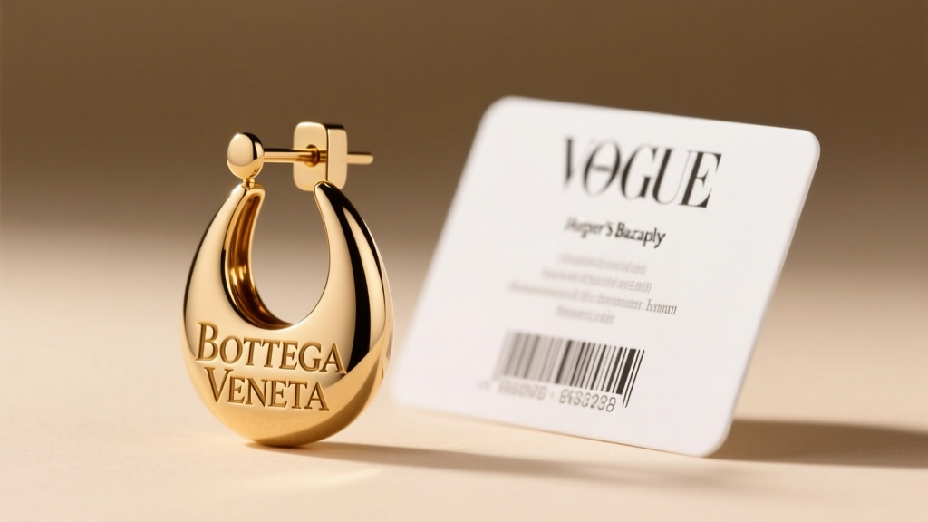 Macro shot of the Bottega Veneta logo hallmark engraved on the post of a brass teardrop earring next to an authenticity card