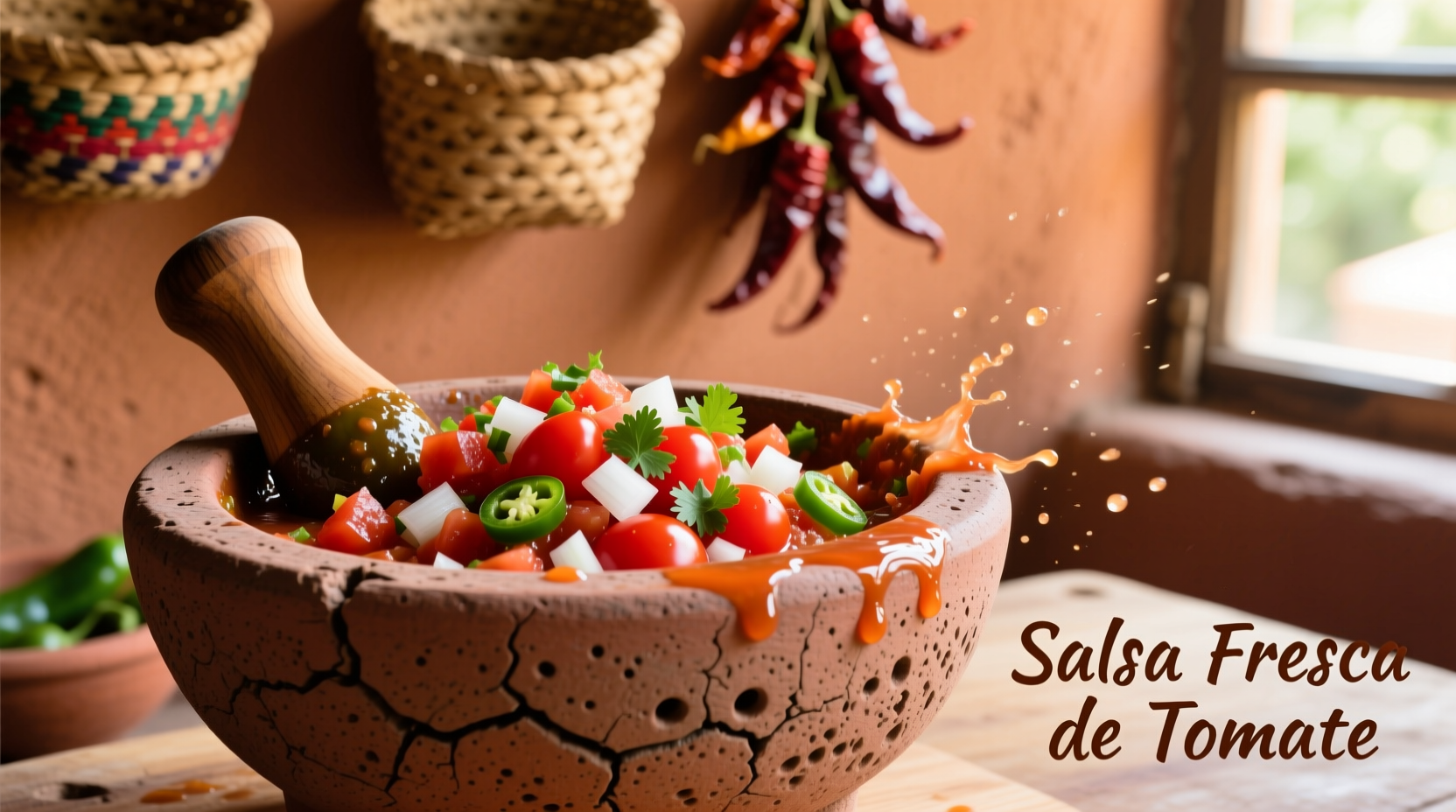 Fresh tomato salsa sauce in clay molcajete