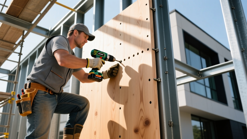 Carpenter securing a large cross-laminated timber panel with heavy-duty structural screws on a modern commercial building frame