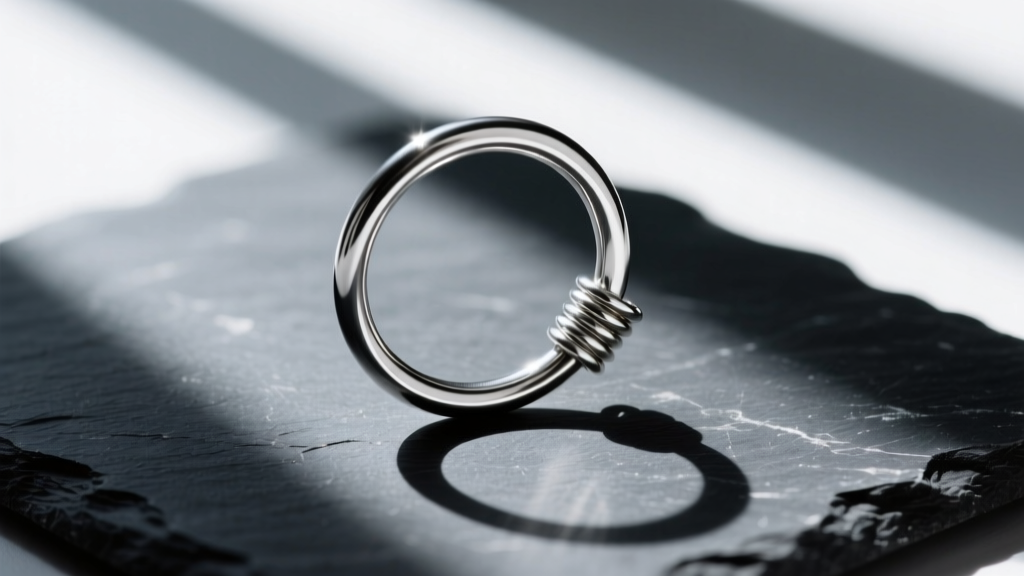 Macro shot of a bent 20-gauge silver wire-and-tube hoop clasp failing to align, resting on dark slate with dramatic shadows.