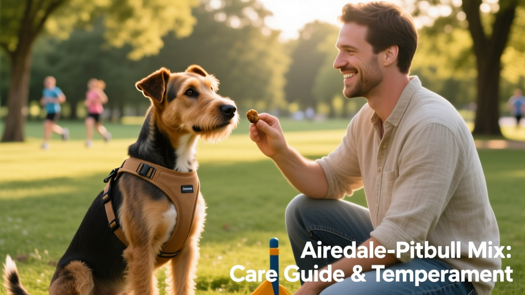 A well-trained Airedale Pitbull mix sitting attentively beside its owner during a park training session, wearing a comfortable harness and focused on a treat