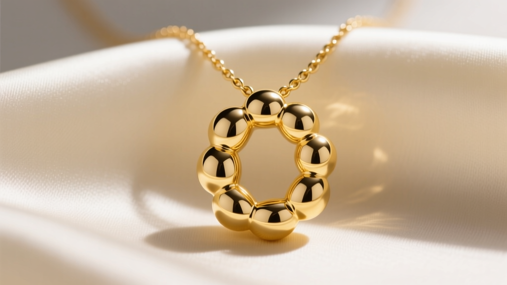 Close-up of a 14k yellow gold bubble letter initial necklace on silk, highlighting the puffy 3D texture and high-polish finish.