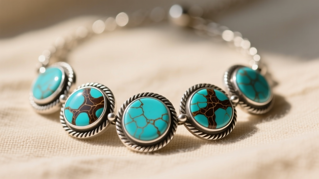 Close-up of a rustic silver necklace featuring flat, round turquoise jewelry cookies with dark brown matrix on beige linen.