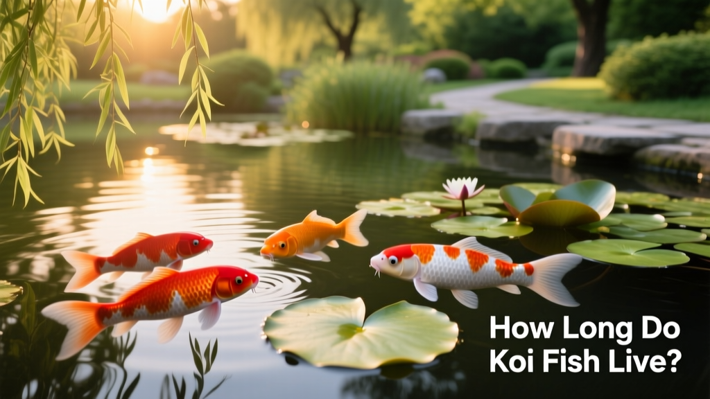 A serene outdoor pond with vibrant koi swimming near lily pads and overhanging willow branches