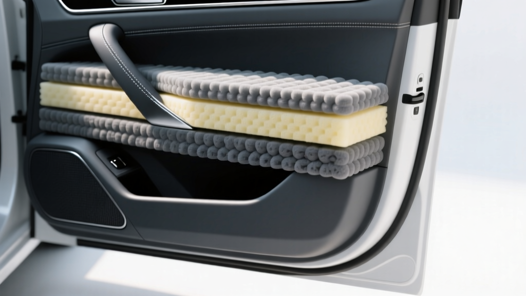 Cross-section diagram of a car door panel revealing layers of butyl sound deadener, mass loaded vinyl, and closed-cell foam insulation