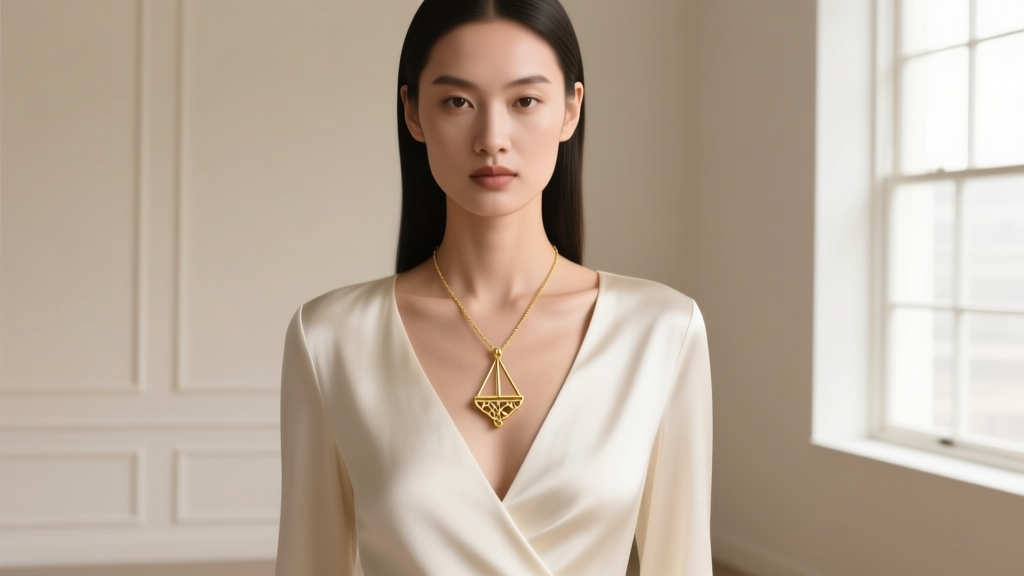 Model in a V-neck top wearing a 14k gold balance necklace, showing the asymmetrical pendant resting on the center sternum.