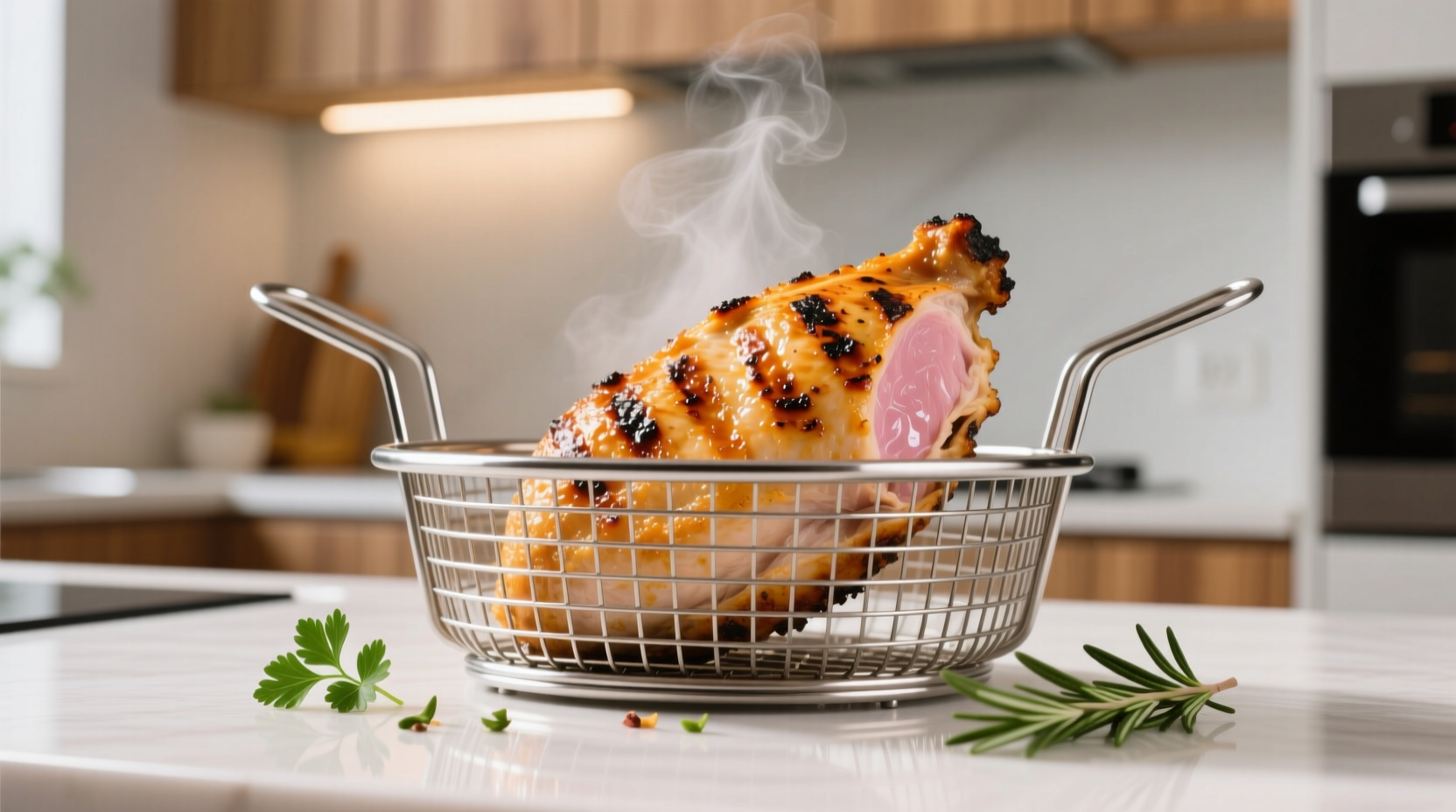 Juicy cooked chicken breast in air fryer basket