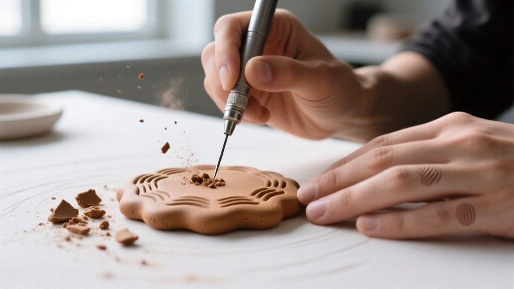 Hands using a needle tool to texture raw tan polymer clay cookie base, adding brown clay chips on a ceramic workspace