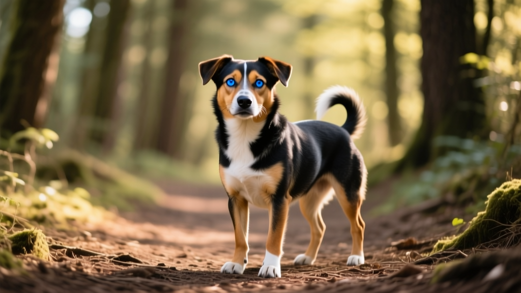 A confident Pitsky posing on a forest trail with intense blue eyes