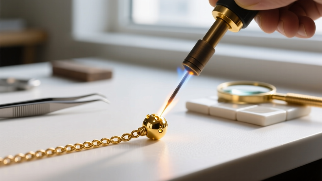 Workbench close-up of a 3mm gold counterweight bead being soldered onto the back of a fine cable chain using a jeweler micro-torch